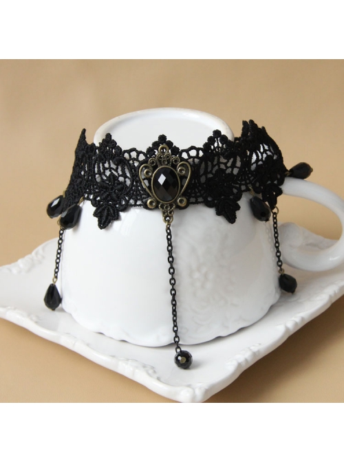 Palace Retro Fashion Gothic Black Lace Flowers Tassels Gems Exaggerated Choker