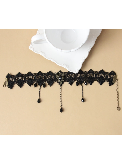 Palace Retro Fashion Gothic Black Lace Flowers Tassels Gems Exaggerated Choker
