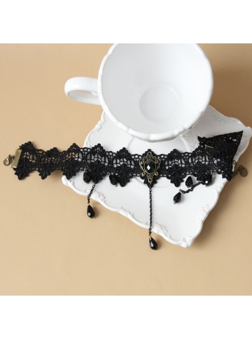 Palace Retro Fashion Gothic Black Lace Flowers Tassels Gems Exaggerated Choker