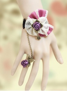 Fashion Christmas Holiday Cute Retro Lace Pink Bow Purple Rose Female Bracelet With Ring One Chain