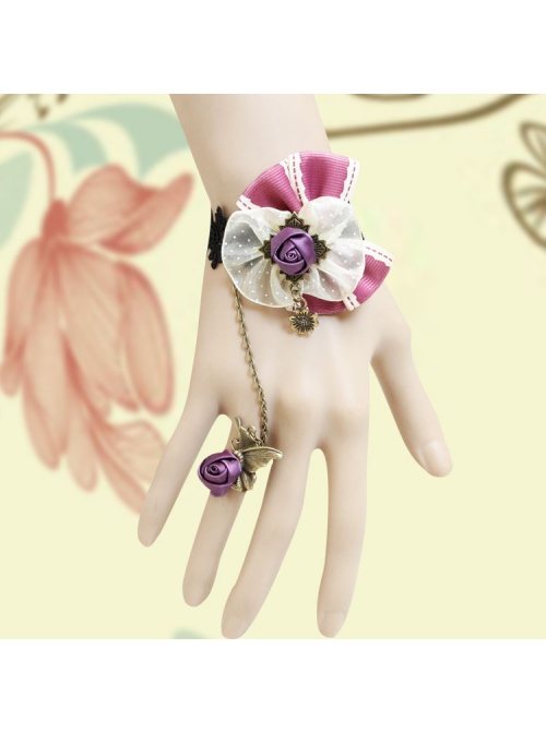 Fashion Christmas Holiday Cute Retro Lace Pink Bow Purple Rose Female Bracelet With Ring One Chain