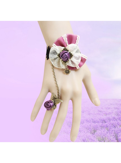 Fashion Christmas Holiday Cute Retro Lace Pink Bow Purple Rose Female Bracelet With Ring One Chain