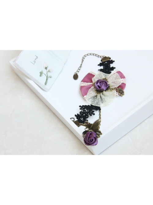 Fashion Christmas Holiday Cute Retro Lace Pink Bow Purple Rose Female Bracelet With Ring One Chain