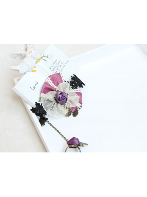 Fashion Christmas Holiday Cute Retro Lace Pink Bow Purple Rose Female Bracelet With Ring One Chain