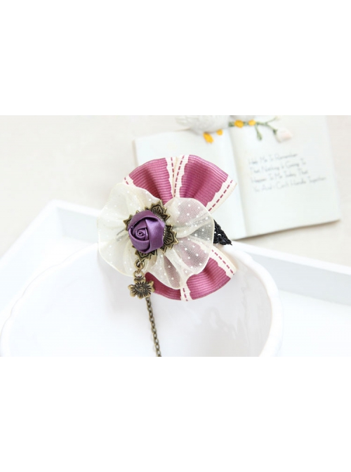 Fashion Christmas Holiday Cute Retro Lace Pink Bow Purple Rose Female Bracelet With Ring One Chain