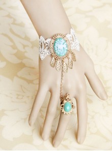 Baroque Fashion Retro Wedding Bride Rose White Lace Golden Leaves Sapphire Female Bracelet With Ring One Chain