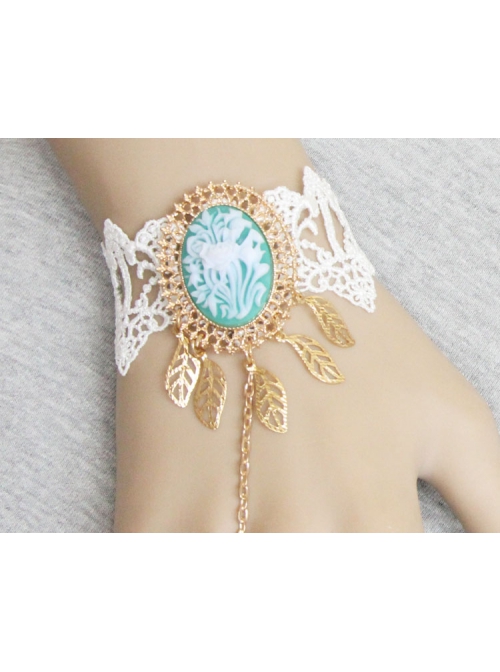 Baroque Fashion Retro Wedding Bride Rose White Lace Golden Leaves Sapphire Female Bracelet With Ring One Chain