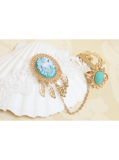 Baroque Fashion Retro Wedding Bride Rose White Lace Golden Leaves Sapphire Female Bracelet With Ring One Chain