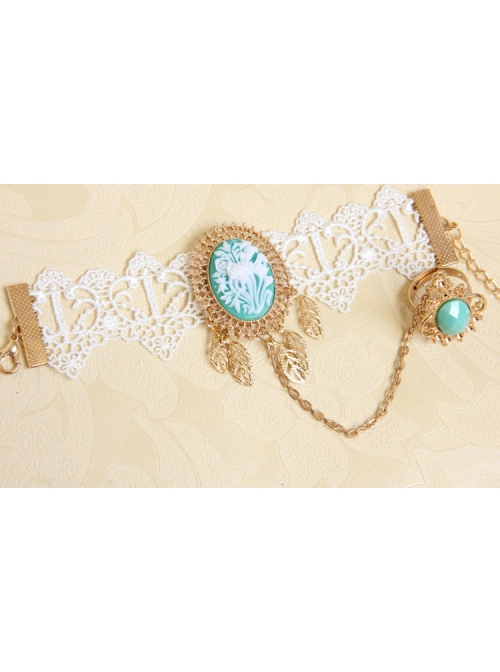 Baroque Fashion Retro Wedding Bride Rose White Lace Golden Leaves Sapphire Female Bracelet With Ring One Chain