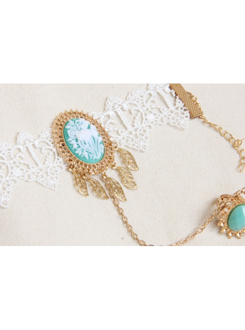 Baroque Fashion Retro Wedding Bride Rose White Lace Golden Leaves Sapphire Female Bracelet With Ring One Chain