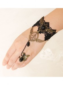 Gothic Retro Golden Wings Butterfly Black Lace Gemstone Personality Female Bracelet With Ring One Chain