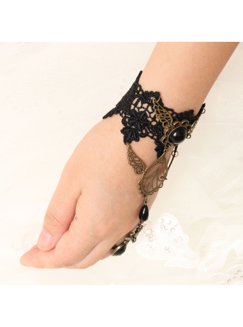 Gothic Retro Golden Wings Butterfly Black Lace Gemstone Personality Female Bracelet With Ring One Chain
