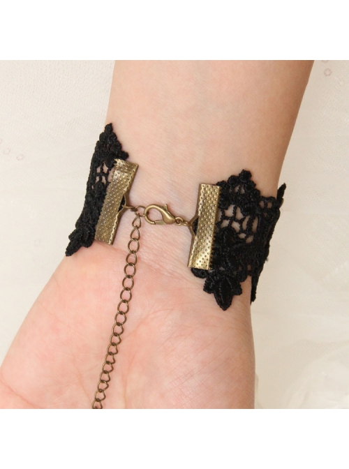 Gothic Retro Golden Wings Butterfly Black Lace Gemstone Personality Female Bracelet With Ring One Chain