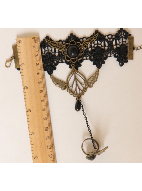 Gothic Retro Golden Wings Butterfly Black Lace Gemstone Personality Female Bracelet With Ring One Chain