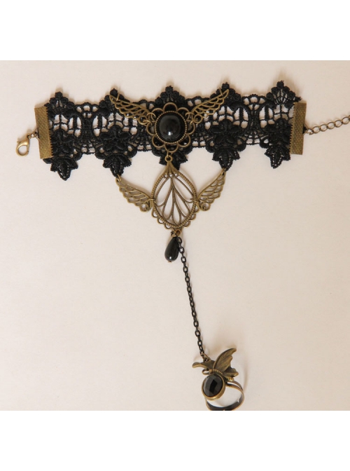 Gothic Retro Golden Wings Butterfly Black Lace Gemstone Personality Female Bracelet With Ring One Chain