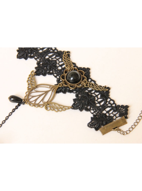 Gothic Retro Golden Wings Butterfly Black Lace Gemstone Personality Female Bracelet With Ring One Chain