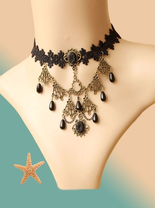 Gothic Fashion Dark Queen Retro Pearl Lace Multi-Level Female Choker