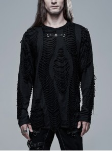 Collar Metal Skull Leather Strap Decoration Long Sleeve Black Punk Broken Holes Tassels Knit T-Shirt