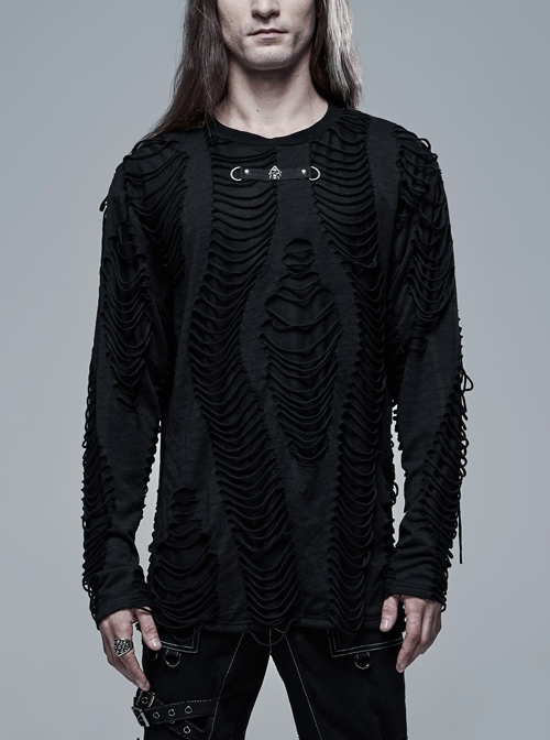 Collar Metal Skull Leather Strap Decoration Long Sleeve Black Punk Broken Holes Tassels Knit T-Shirt