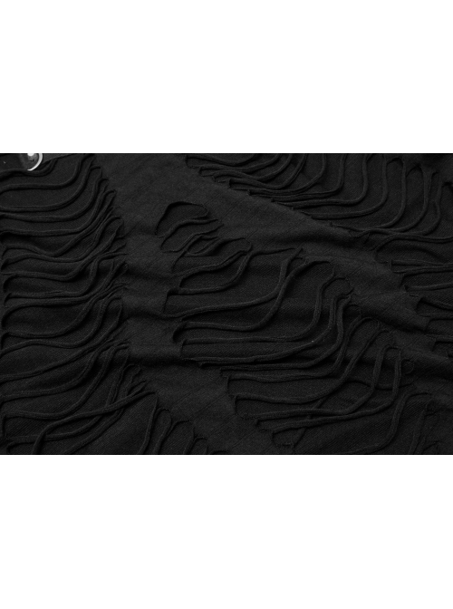 Collar Metal Skull Leather Strap Decoration Long Sleeve Black Punk Broken Holes Tassels Knit T-Shirt