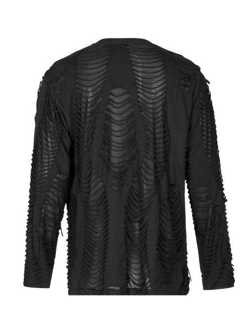 Collar Metal Skull Leather Strap Decoration Long Sleeve Black Punk Broken Holes Tassels Knit T-Shirt