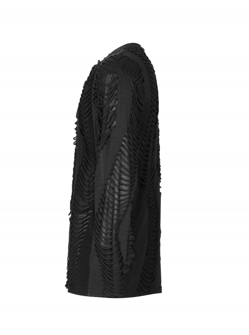 Collar Metal Skull Leather Strap Decoration Long Sleeve Black Punk Broken Holes Tassels Knit T-Shirt