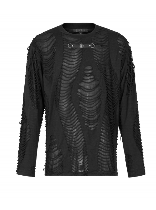 Collar Metal Skull Leather Strap Decoration Long Sleeve Black Punk Broken Holes Tassels Knit T-Shirt