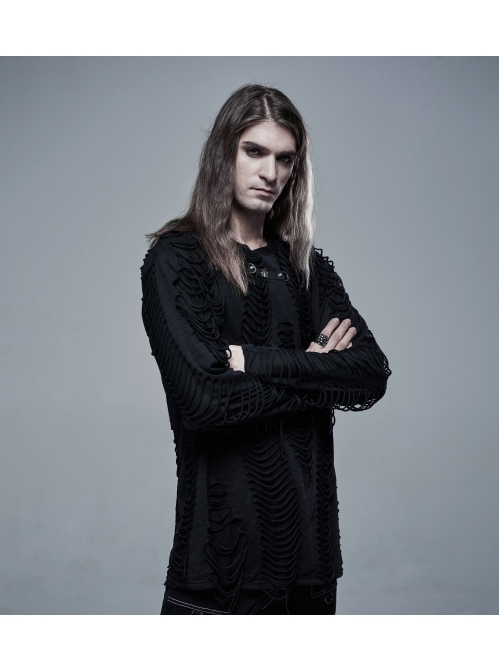 Collar Metal Skull Leather Strap Decoration Long Sleeve Black Punk Broken Holes Tassels Knit T-Shirt