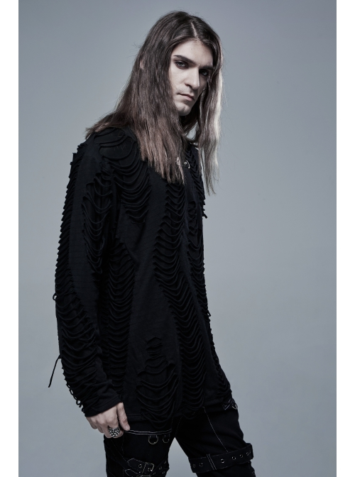 Collar Metal Skull Leather Strap Decoration Long Sleeve Black Punk Broken Holes Tassels Knit T-Shirt