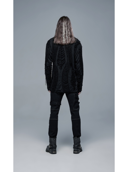 Collar Metal Skull Leather Strap Decoration Long Sleeve Black Punk Broken Holes Tassels Knit T-Shirt