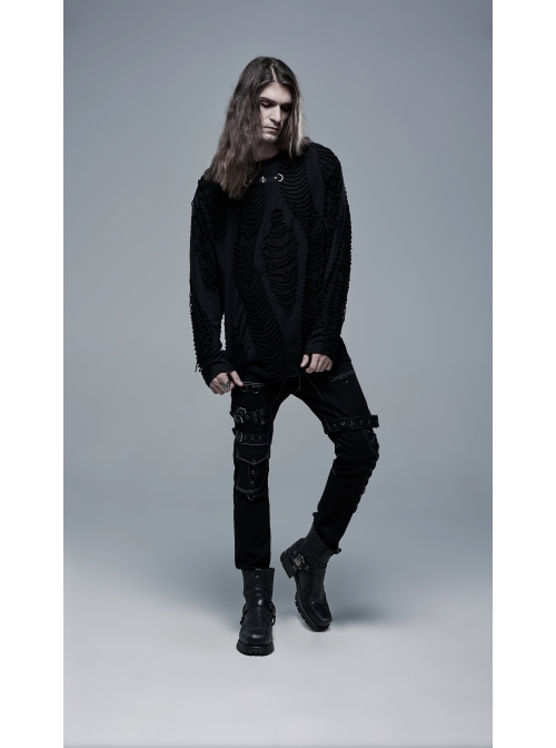Collar Metal Skull Leather Strap Decoration Long Sleeve Black Punk Broken Holes Tassels Knit T-Shirt
