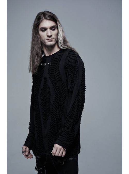 Collar Metal Skull Leather Strap Decoration Long Sleeve Black Punk Broken Holes Tassels Knit T-Shirt