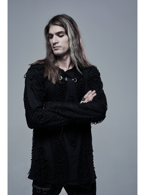 Collar Metal Skull Leather Strap Decoration Long Sleeve Black Punk Broken Holes Tassels Knit T-Shirt