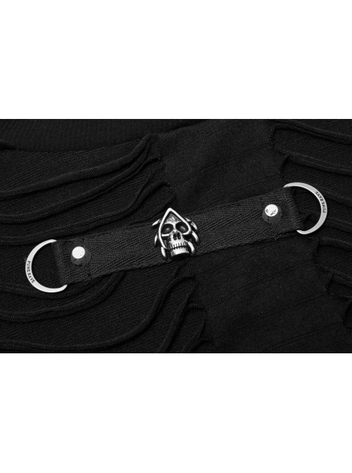 Collar Metal Skull Leather Strap Decoration Long Sleeve Black Punk Broken Holes Tassels Knit T-Shirt
