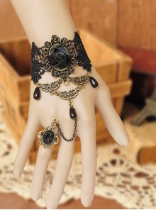Fashion Retro Gothic Black Lace Gems Rose Flower Female Bracelet With Ring One Chain