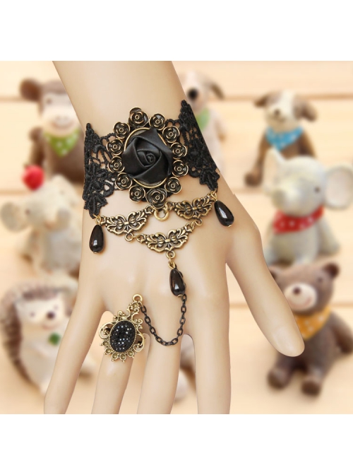 Fashion Retro Gothic Black Lace Gems Rose Flower Female Bracelet With Ring One Chain