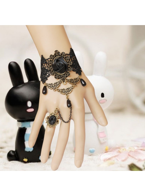 Fashion Retro Gothic Black Lace Gems Rose Flower Female Bracelet With Ring One Chain