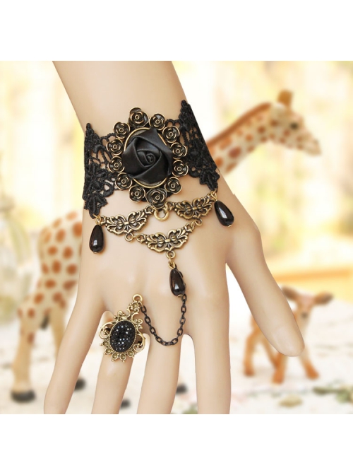 Fashion Retro Gothic Black Lace Gems Rose Flower Female Bracelet With Ring One Chain