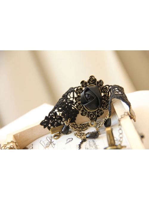 Fashion Retro Gothic Black Lace Gems Rose Flower Female Bracelet With Ring One Chain
