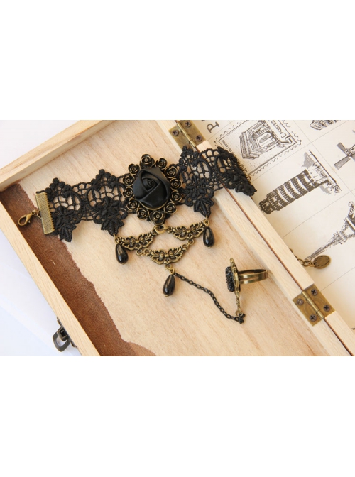 Fashion Retro Gothic Black Lace Gems Rose Flower Female Bracelet With Ring One Chain