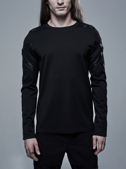 Black Punk Metal Ring Leather Strap Decoration Long Sleeve Knit T-Shirt