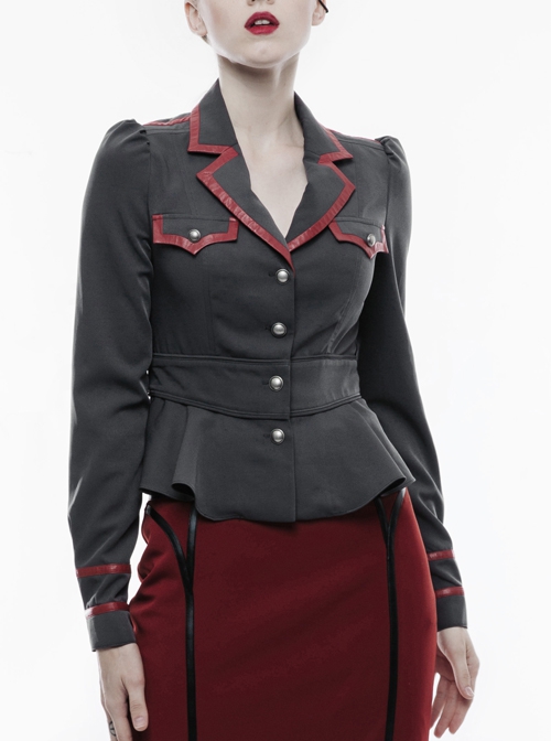 Red Leather Edge Collar Front Metal Button Long Sleeve Black Punk Coat