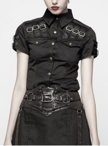 Front Chest Metal Buckle Strap Metal Button Short Sleeve Black Punk Leather Knit Blouse