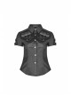 Front Chest Metal Buckle Strap Metal Button Short Sleeve Black Punk Leather Knit Blouse