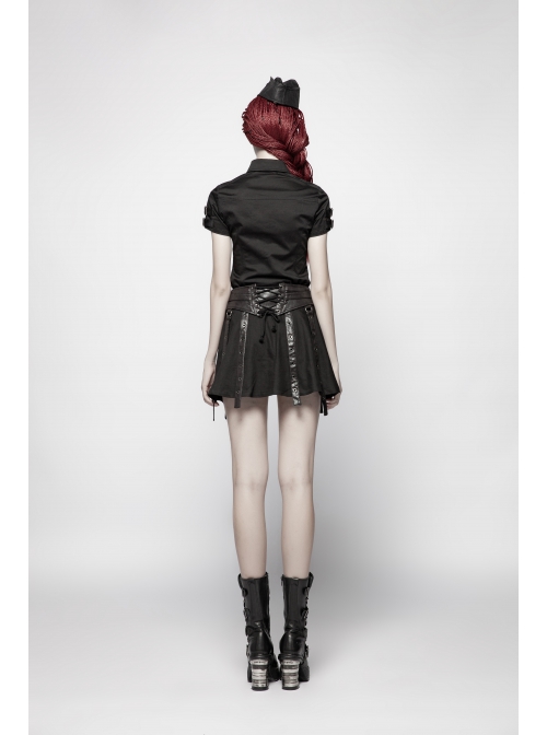 Front Chest Metal Buckle Strap Metal Button Short Sleeve Black Punk Leather Knit Blouse