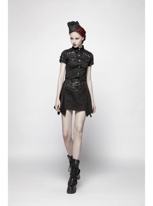 Front Chest Metal Buckle Strap Metal Button Short Sleeve Black Punk Leather Knit Blouse