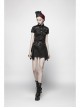 Front Chest Metal Buckle Strap Metal Button Short Sleeve Black Punk Leather Knit Blouse