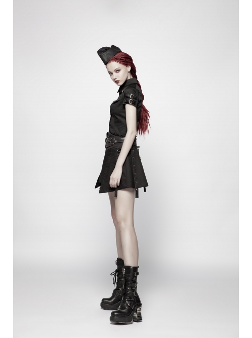 Front Chest Metal Buckle Strap Metal Button Short Sleeve Black Punk Leather Knit Blouse
