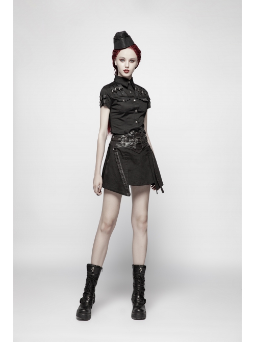 Front Chest Metal Buckle Strap Metal Button Short Sleeve Black Punk Leather Knit Blouse