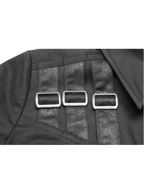 Front Chest Metal Buckle Strap Metal Button Short Sleeve Black Punk Leather Knit Blouse
